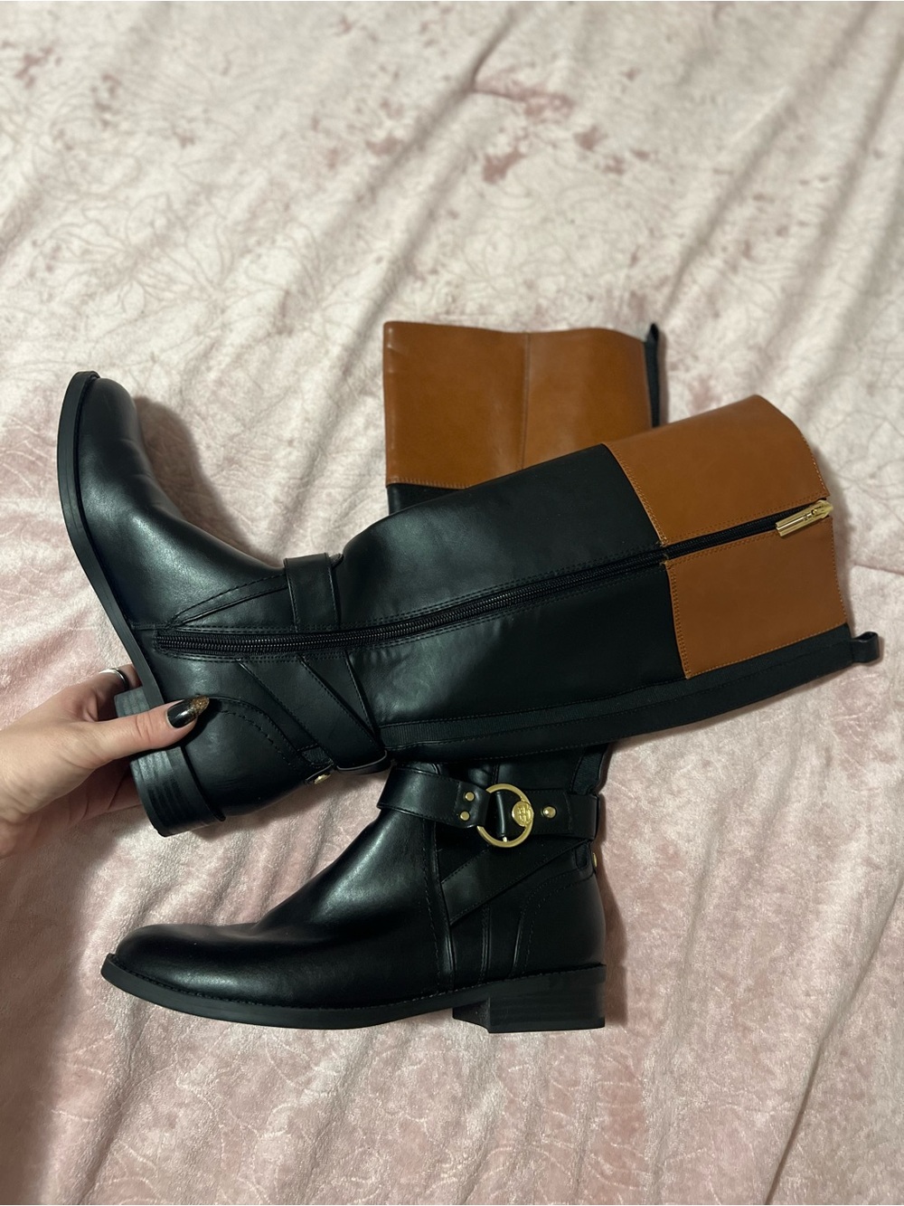 Tommy Hilfiger Black and Brown Two-Tone Knee Boots with Gold Buckle